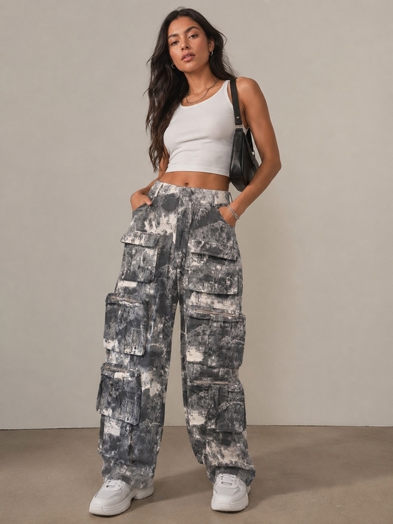 No Label Pants - Tie-Dye Black & White Wide-Leg Cargo Pants